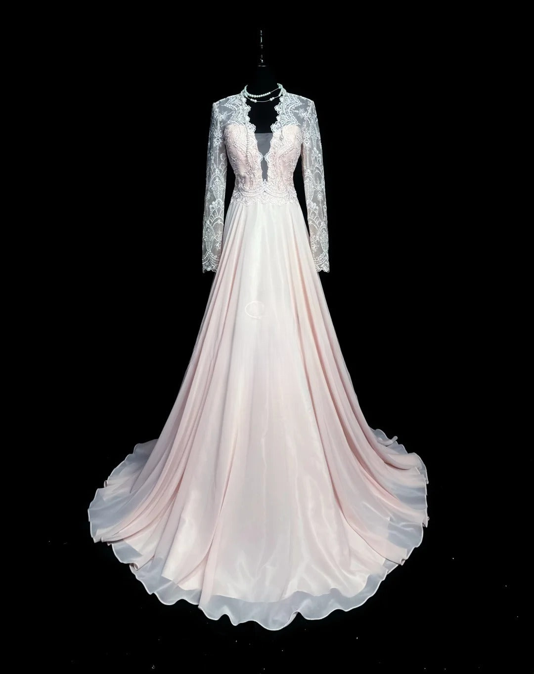 Retro A line V Neckline Pink Chiffon Long Sleeves Date Night Outfits Semi Formal Prom Wedding Guest Dresses RB5949