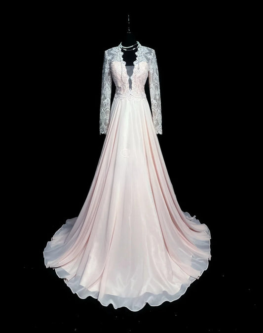 Retro A line V Neckline Pink Chiffon Long Sleeves Date Night Outfits Semi Formal Prom Wedding Guest Dresses RB5949