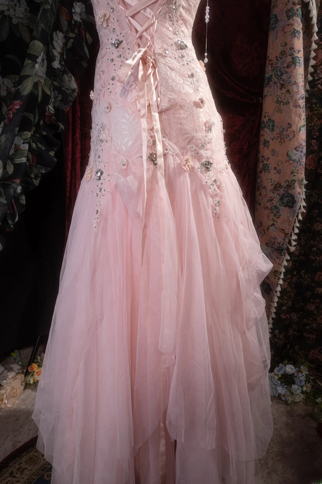 Vintage Mermaid Scoop Neck Pink Lace With Flowers Beading Long Prom Dresses Formal Outfits Evening Night Gown RB8142