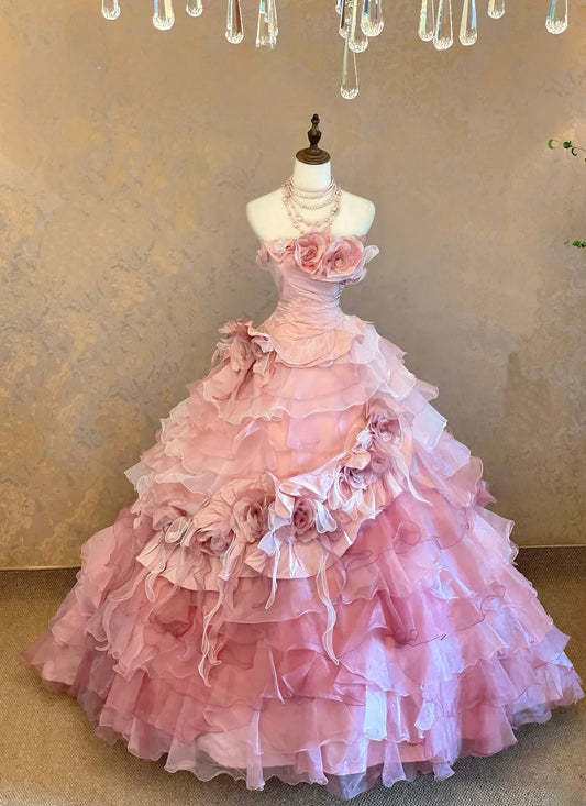 Quinceanera Dress Strapless Pink With Flowers Floor Length Ball Gown Sweet 15 15th Birthday Gown RB9097