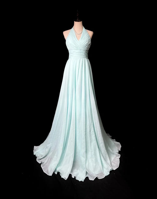 Retro A line V Neckline Light Sky Blue Chiffon Long Date Night Outfits Semi Formal Prom Wedding Guest Dresses RB5950