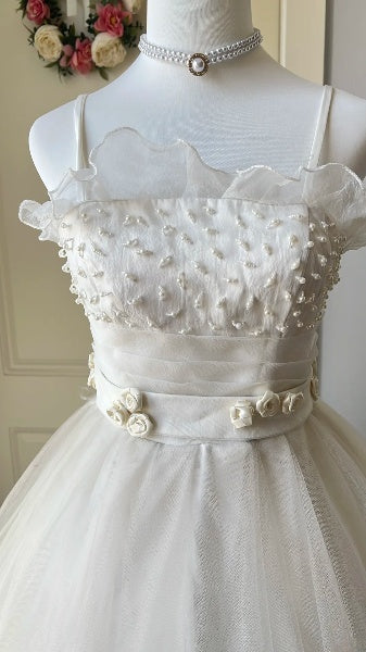 Quinceañera-Ballkleid für den 15. Geburtstag, weiß mit Spitze, Spaghettiträger, langes Festkleid RC0505