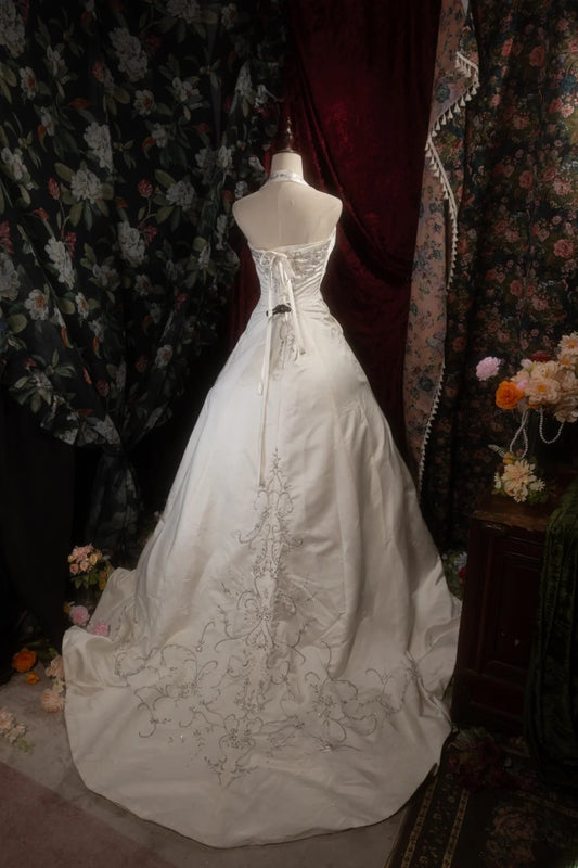 Vintage Ball Gown Halter Satin 1950s White Embroidery With Beading Long Autumn Winter Brides Gown Bridal Dress Wedding Dresses RB8279