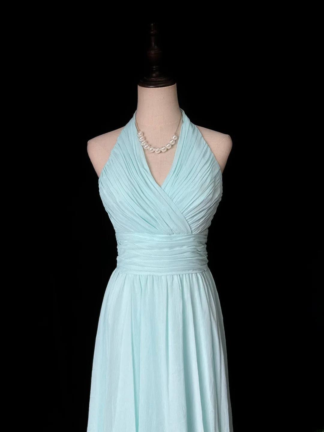 Retro A line V Neckline Light Sky Blue Chiffon Long Date Night Outfits Semi Formal Prom Wedding Guest Dresses RB5950