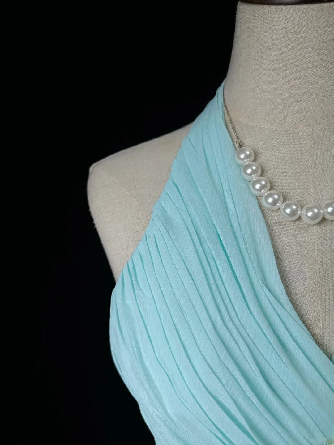 Retro A line V Neckline Light Sky Blue Chiffon Long Date Night Outfits Semi Formal Prom Wedding Guest Dresses RB5950