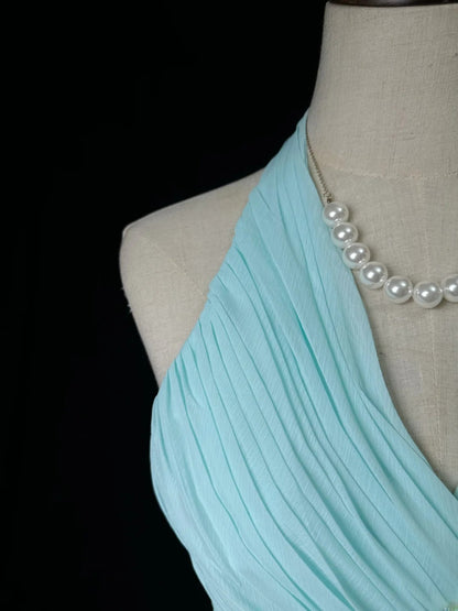 Retro A line V Neckline Light Sky Blue Chiffon Long Date Night Outfits Semi Formal Prom Wedding Guest Dresses RB5950