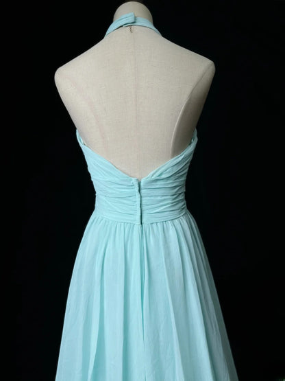Retro A line V Neckline Light Sky Blue Chiffon Long Date Night Outfits Semi Formal Prom Wedding Guest Dresses RB5950