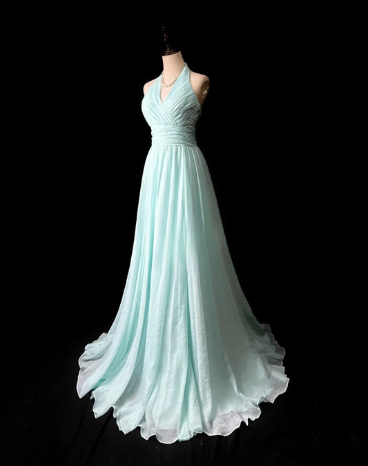 Retro A line V Neckline Light Sky Blue Chiffon Long Date Night Outfits Semi Formal Prom Wedding Guest Dresses RB5950