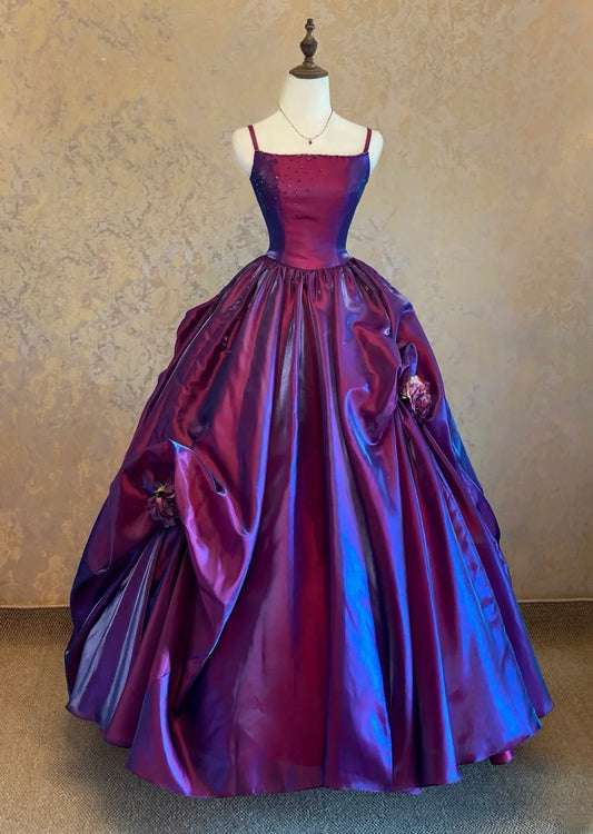 Elegant Ball Gown Spaghetti Straps Purple Prom Dress With Ruffled Long Evening Party Gown RB9098