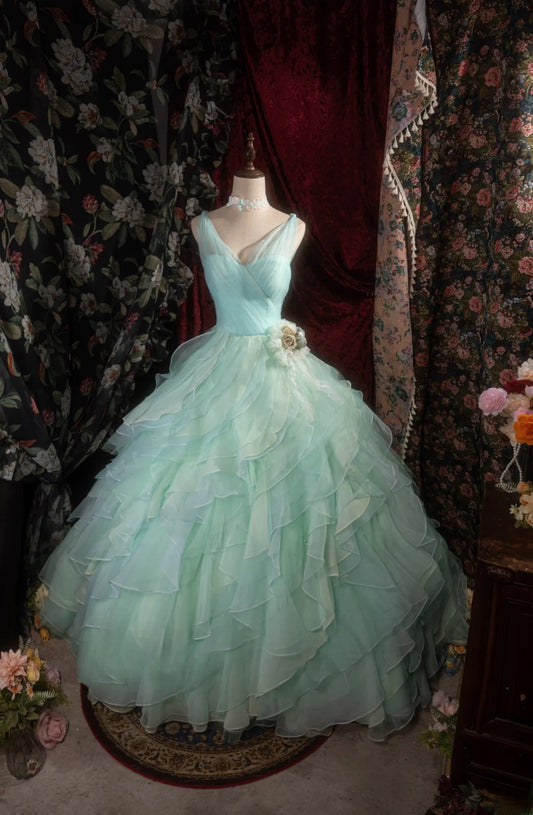 Dreamy Princess Ball Gown Formal Events Halter Blue Green Chiffon Tiered Quince Dress Quinceanera Dresses Birthday Outfits RB8280