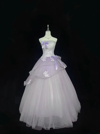 Modest Ball Gown Strapless Lilac With Tiered Layers Tulle Long Quince Dress Voluminous Sweet 16 Sweet Sixteen Outfits Vestido de 15 RB7511