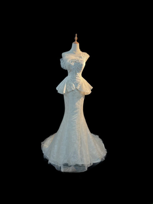 Vintage Princess Wedding Dress Mermaid White Lace With Flowers Beading Brides Gown Long Bridal Dress RB5801