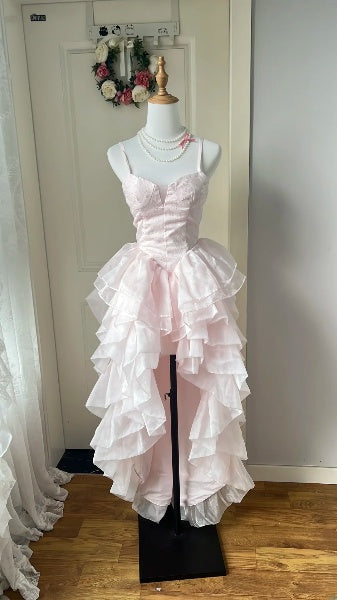 Abschlussballkleid Vokuhila mit Spaghettiträgern Rosa Festliches Abendkleid für Damen RC0506