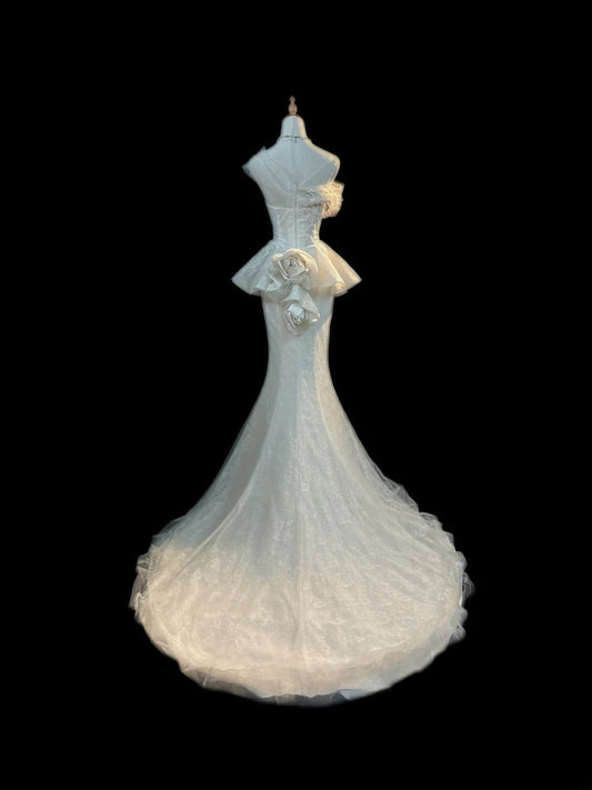 Vintage Princess Wedding Dress Mermaid White Lace With Flowers Beading Brides Gown Long Bridal Dress RB5801