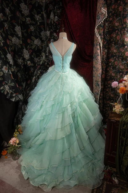 Dreamy Princess Ball Gown Formal Events Halter Blue Green Chiffon Tiered Quince Dress Quinceanera Dresses Birthday Outfits RB8280
