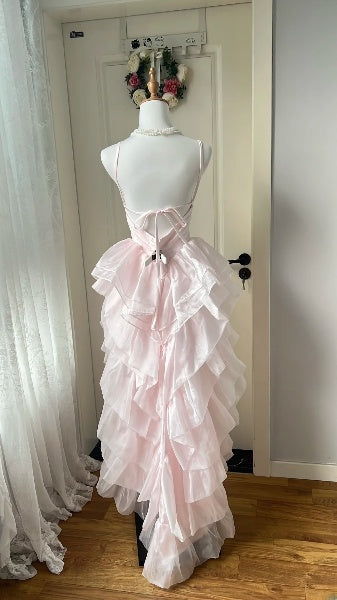 Abschlussballkleid Vokuhila mit Spaghettiträgern Rosa Festliches Abendkleid für Damen RC0506