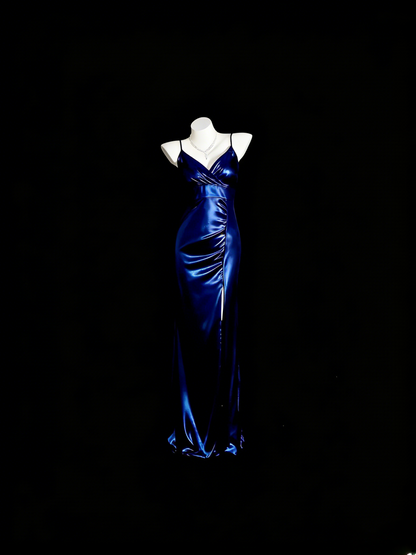 Royal Blue Prom Dress Inspo Mermaid Spaghetti Straps With Slit Satin Modest Long Formal Party Gown RB9936