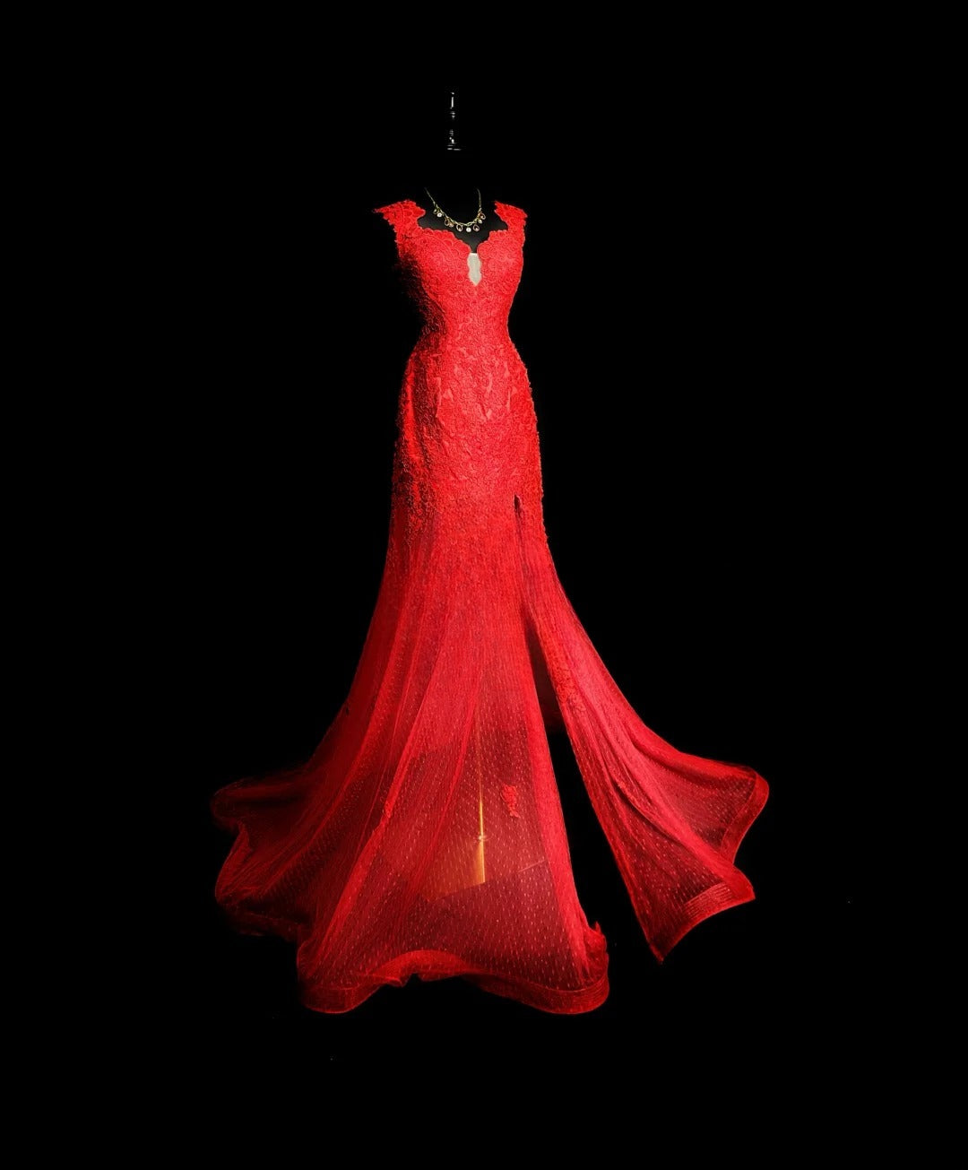 Modest Prom Dresses Mermaid Sweetheart Red Lace Tulle With Appliqued Slit Long Backless Formal Outfits RB5951