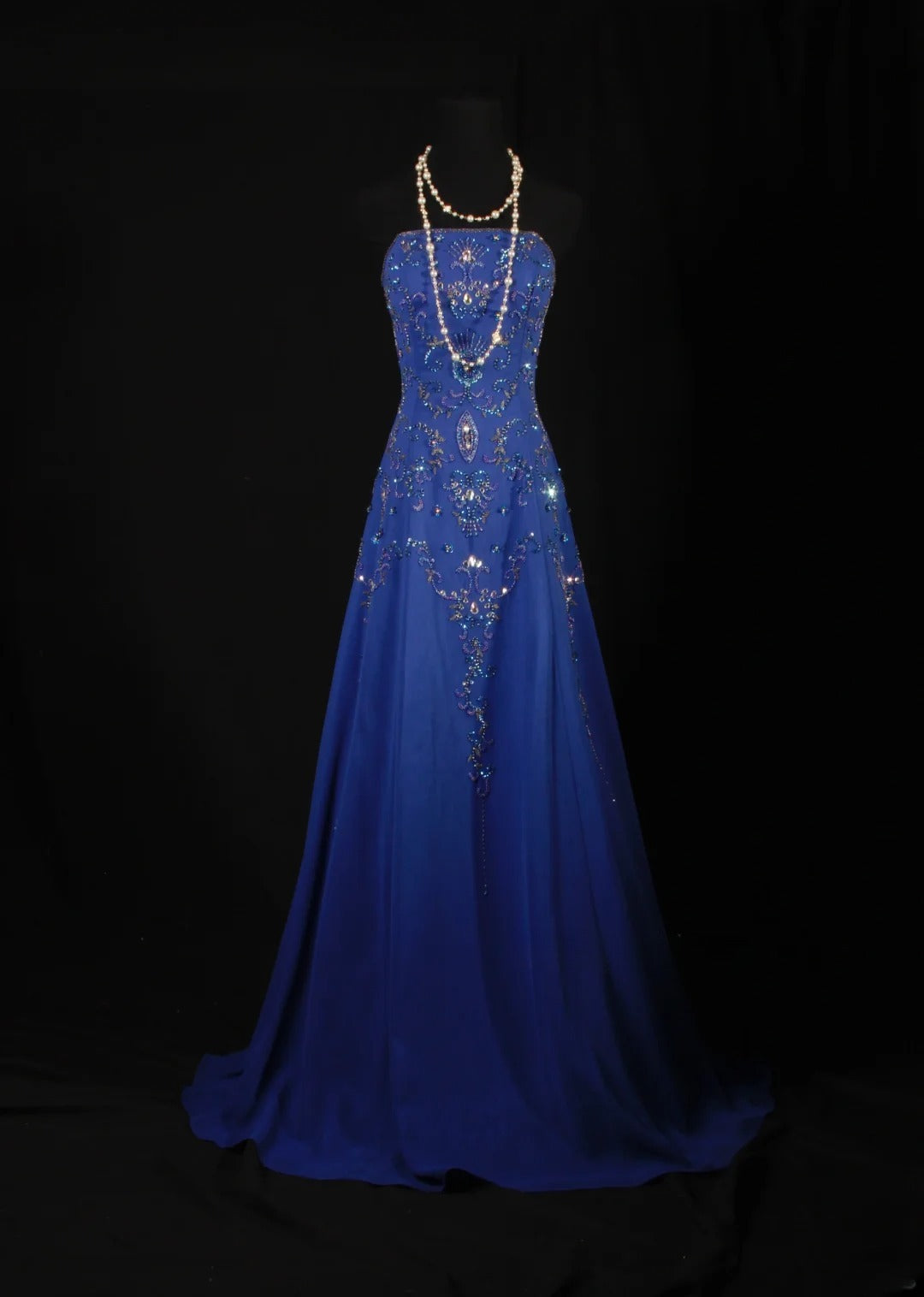 Retro-Stil der 70er und 60er Jahre: A-Linien-Kleid, trägerlos, königsblau mit Strasssteinen, Chiffon, ärmellos, langes Ballkleid, Partykleid AS142