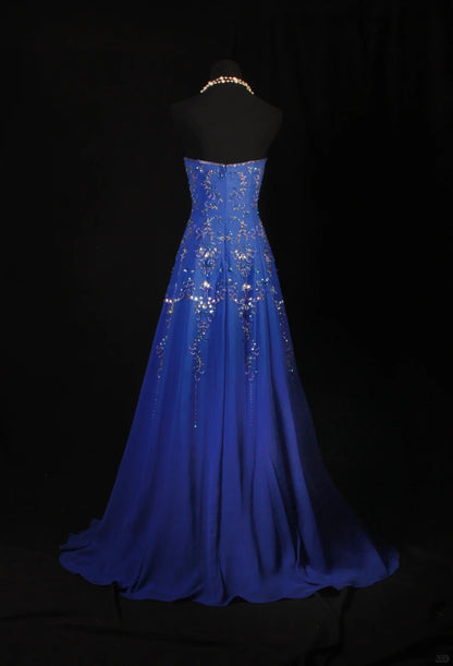 Retro-Stil der 70er und 60er Jahre: A-Linien-Kleid, trägerlos, königsblau mit Strasssteinen, Chiffon, ärmellos, langes Ballkleid, Partykleid AS142