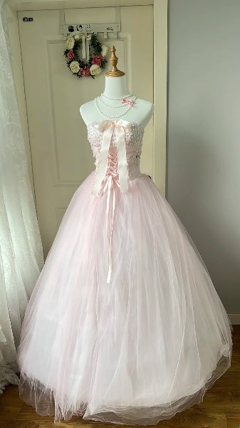 Modest Sweet 16 Dress Long Strapless Pink Tulle With Beaded Ball Gown Sweet Sixteen Party Birthday Dresses RC0507