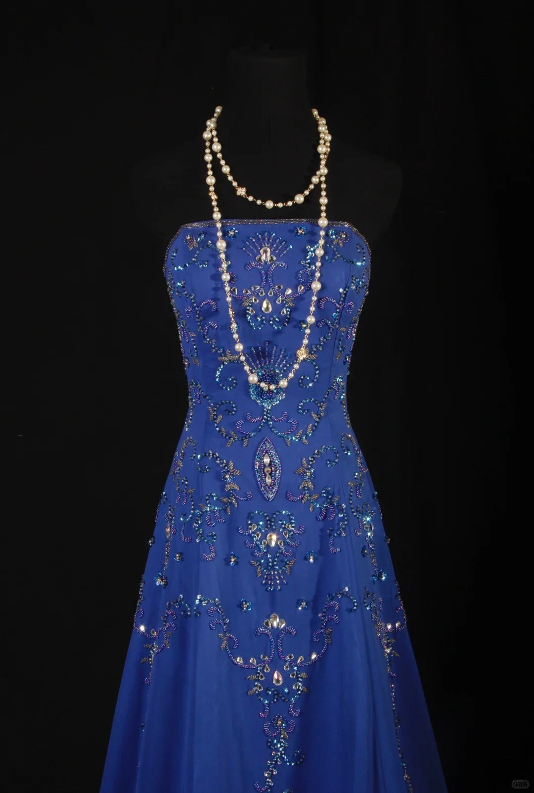 Retro-Stil der 70er und 60er Jahre: A-Linien-Kleid, trägerlos, königsblau mit Strasssteinen, Chiffon, ärmellos, langes Ballkleid, Partykleid AS142