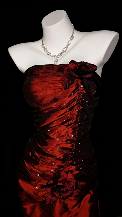 Red Prom Dress Mermaid Strapless With Ruffled Floor Length Formal Party Gown RB9937