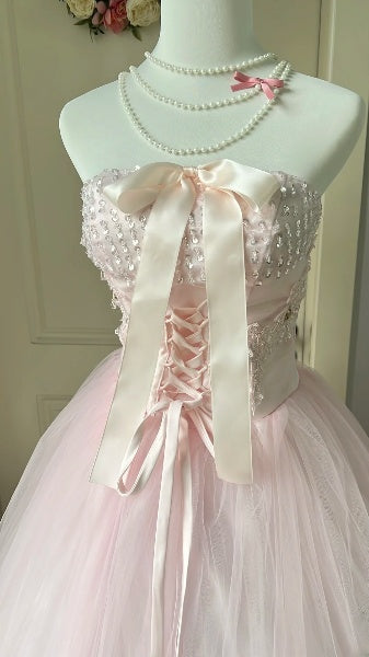 Modest Sweet 16 Dress Long Strapless Pink Tulle With Beaded Ball Gown Sweet Sixteen Party Birthday Dresses RC0507