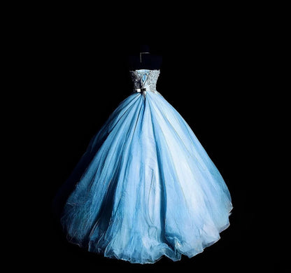 Cute Ball Gown Strapless Tulle Blue Long Quinceañera Dress Moda 2000 15 Quinceanera Dresses Ideas Sweet 16 Outfits RB7122