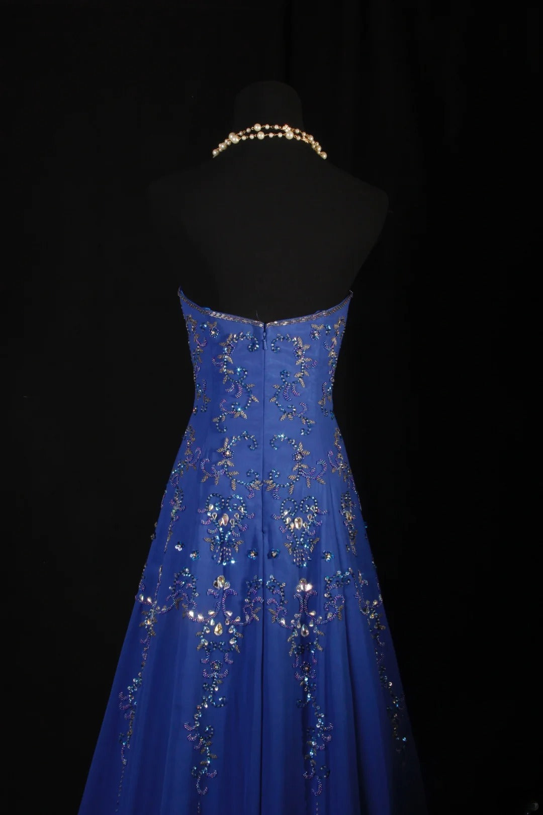 Retro-Stil der 70er und 60er Jahre: A-Linien-Kleid, trägerlos, königsblau mit Strasssteinen, Chiffon, ärmellos, langes Ballkleid, Partykleid AS142