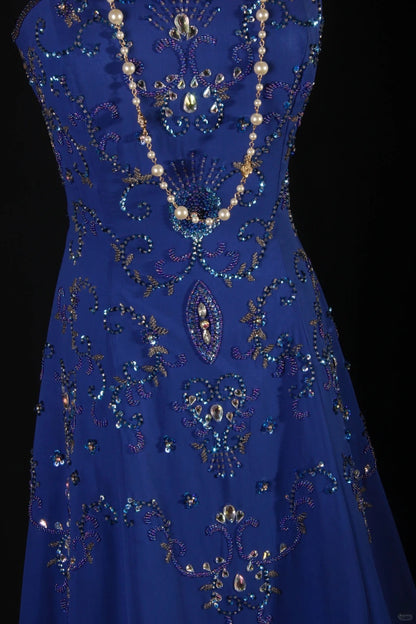 Retro-Stil der 70er und 60er Jahre: A-Linien-Kleid, trägerlos, königsblau mit Strasssteinen, Chiffon, ärmellos, langes Ballkleid, Partykleid AS142