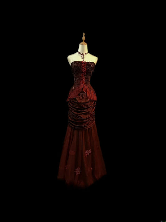 Vintage 70er Jahre Ballkleider Meerjungfrau Trägerlos Burgund Mit Umhang Für Damen Lange Abend Formelle Outfits RB3587