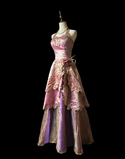 Classy Prom Dresses Ball Gown Halter Pink Satin Long Party Dress Formal Outfits RB5952