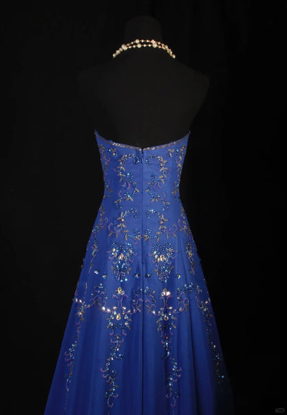 Retro-Stil der 70er und 60er Jahre: A-Linien-Kleid, trägerlos, königsblau mit Strasssteinen, Chiffon, ärmellos, langes Ballkleid, Partykleid AS142