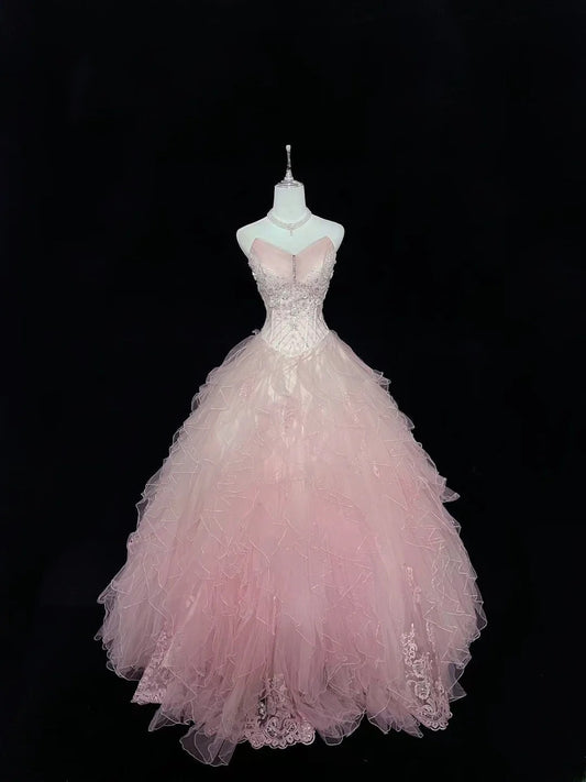Modest Ball Gown Sweetheart Pink With Tiered Layers Tulle Long Quince Dress Voluminous Sweet 16 Sweet Sixteen Outfits Vestido de 15 RB7513