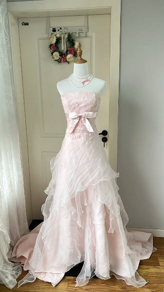 Prom Dress A Line Modest Strapless Long Pink Formal Party Gown For Senior Women RC0508