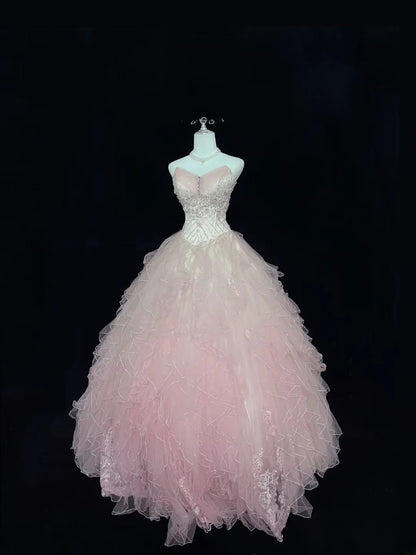 Modest Ball Gown Sweetheart Pink With Tiered Layers Tulle Long Quince Dress Voluminous Sweet 16 Sweet Sixteen Outfits Vestido de 15 RB7513