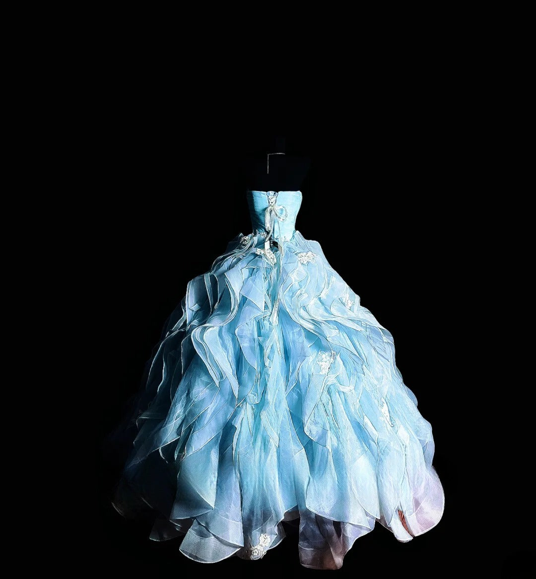 Cute Ball Gown Strapless Tulle Blue Lace Long Quinceañera Dress Moda 2000 15 Quinceanera Dresses Ideas Sweet 16 Outfits RB7123