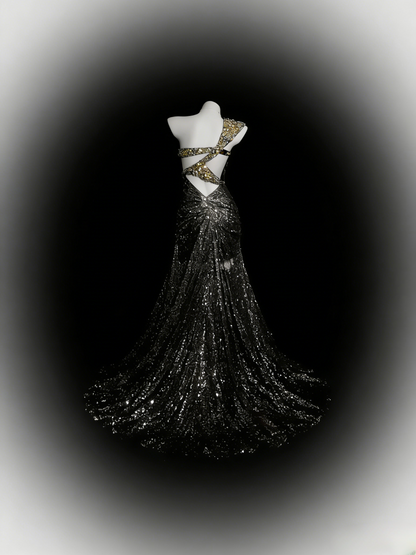 Grey Prom Dress Mermaid One Shoulder With Gold Lace Floor Length Formal Party Gown RB9938