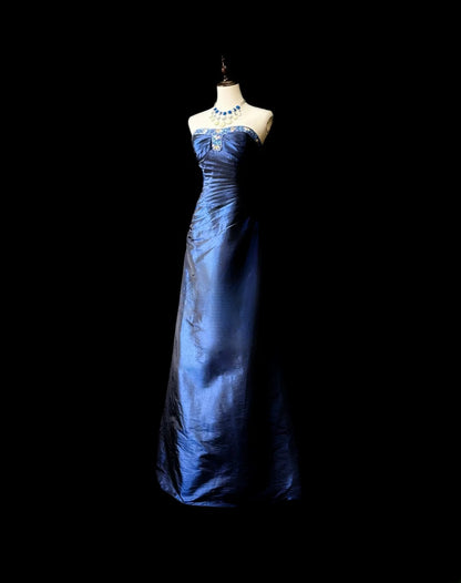 Classy Prom Dresses Ball Gown Strapless Navy Blue Taffeta Long Party Dress Formal Outfits RB5953