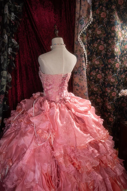 Sweety Ball Gown Strapless With Tulle Long Appliques Lace Tiered Layers Quince Dress inspo Party Gowns Sweet 16 Outfits RB8281