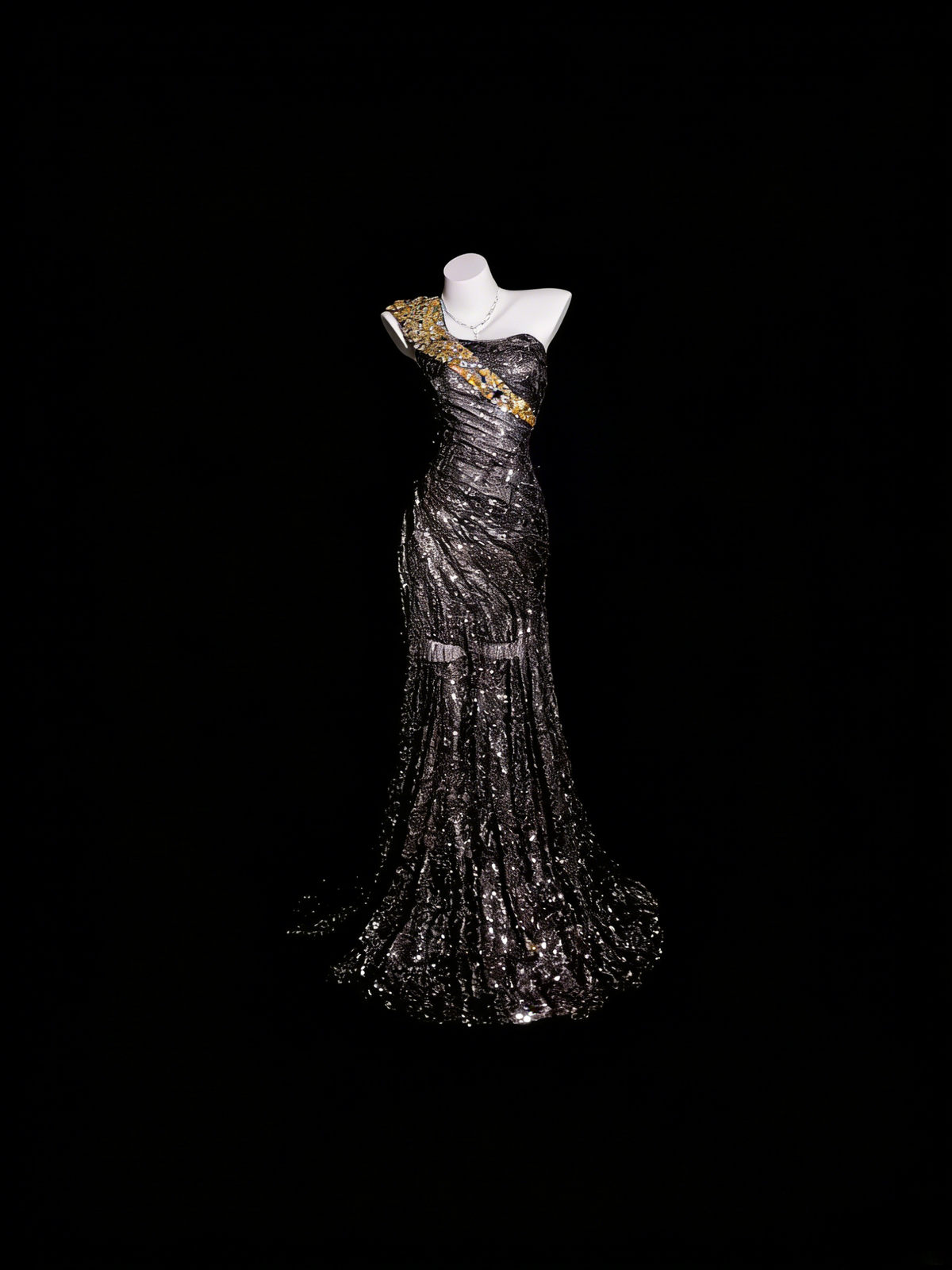 Grey Prom Dress Mermaid One Shoulder With Gold Lace Floor Length Formal Party Gown RB9938