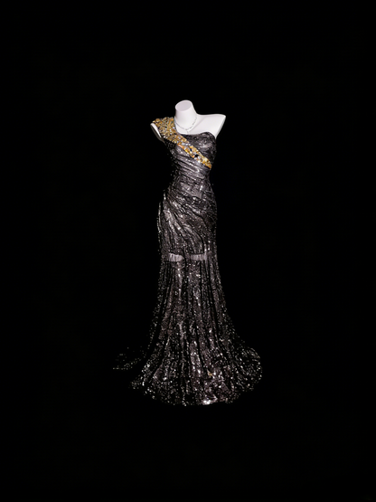 Grey Prom Dress Mermaid One Shoulder With Gold Lace Floor Length Formal Party Gown RB9938