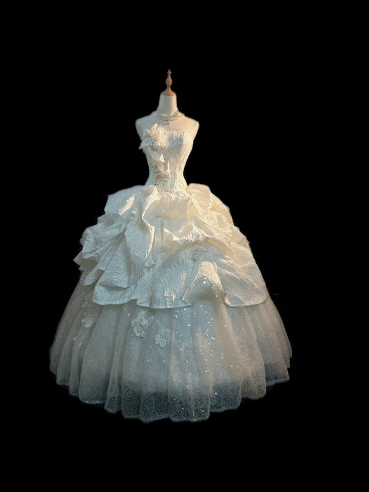 Elegant Classy Ball Gown Strapless White Sequin With Ruffled Brides Gown Bridal Dress Long Poofy Wedding Dresses RB5802