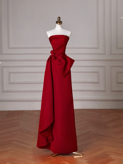 Simple A Line Strapless Red Satin Long Formal Prom Dresses Dance Night Outfits Evening Birthday Outfit AB2210