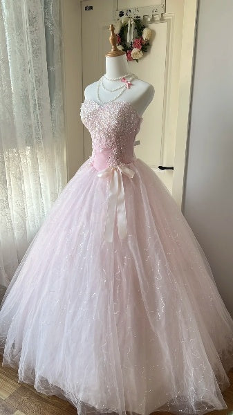 Dezentes, langes Sweet-16-Kleid mit Herzausschnitt, rosa Tüll und Perlenbesatz, Ballkleid für den 16. Geburtstag, RC0509
