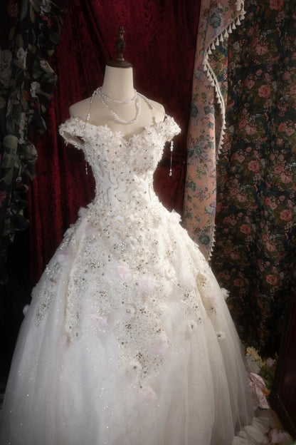 Dreamy Princess Ball Gown Formal Events Off The Shoulder White With Flowers Quince Dress Quinceanera Dresses Birthday Outfits RB8282