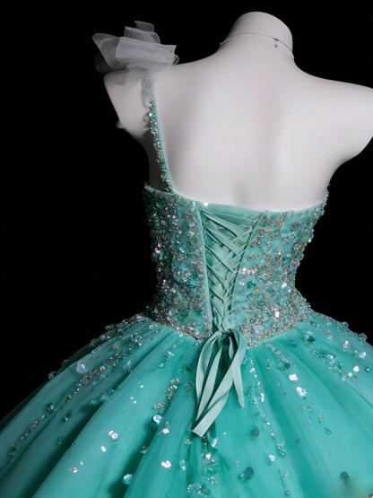 Sweet 16 Dress Blue One Shoulder Tulle Ball Gown With Beading Sweet Sixteen Dress RB9939