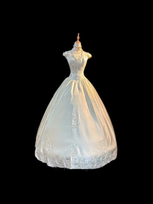 Vintage Style Ball Gown Off The Shoulder Ivory 1950s Satin With Tiered Layers Brides Gown Bridal Dress Long Wedding Dresses RB5803