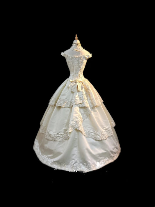 Vintage Style Ball Gown Off The Shoulder Ivory 1950s Satin With Tiered Layers Brides Gown Bridal Dress Long Wedding Dresses RB5803